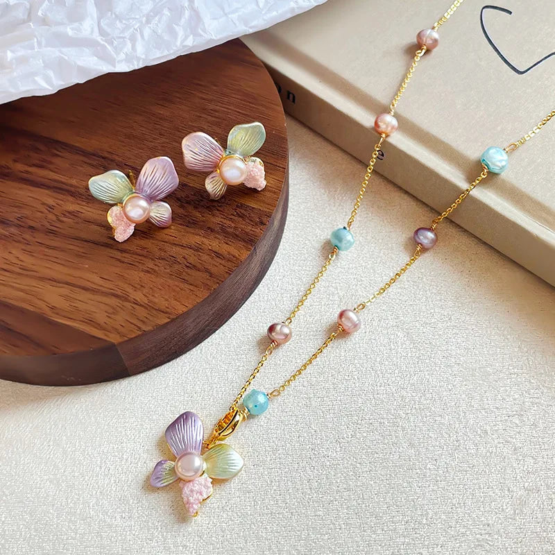 Colourful Drip Glaze Jewellery Set Women's Pendant Necklace Earrings Natural Real Pearls Inlaid Petal Floral Design Sweet Trendy