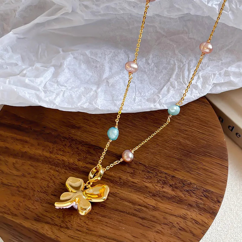 Colourful Drip Glaze Jewellery Set Women's Pendant Necklace Earrings Natural Real Pearls Inlaid Petal Floral Design Sweet Trendy