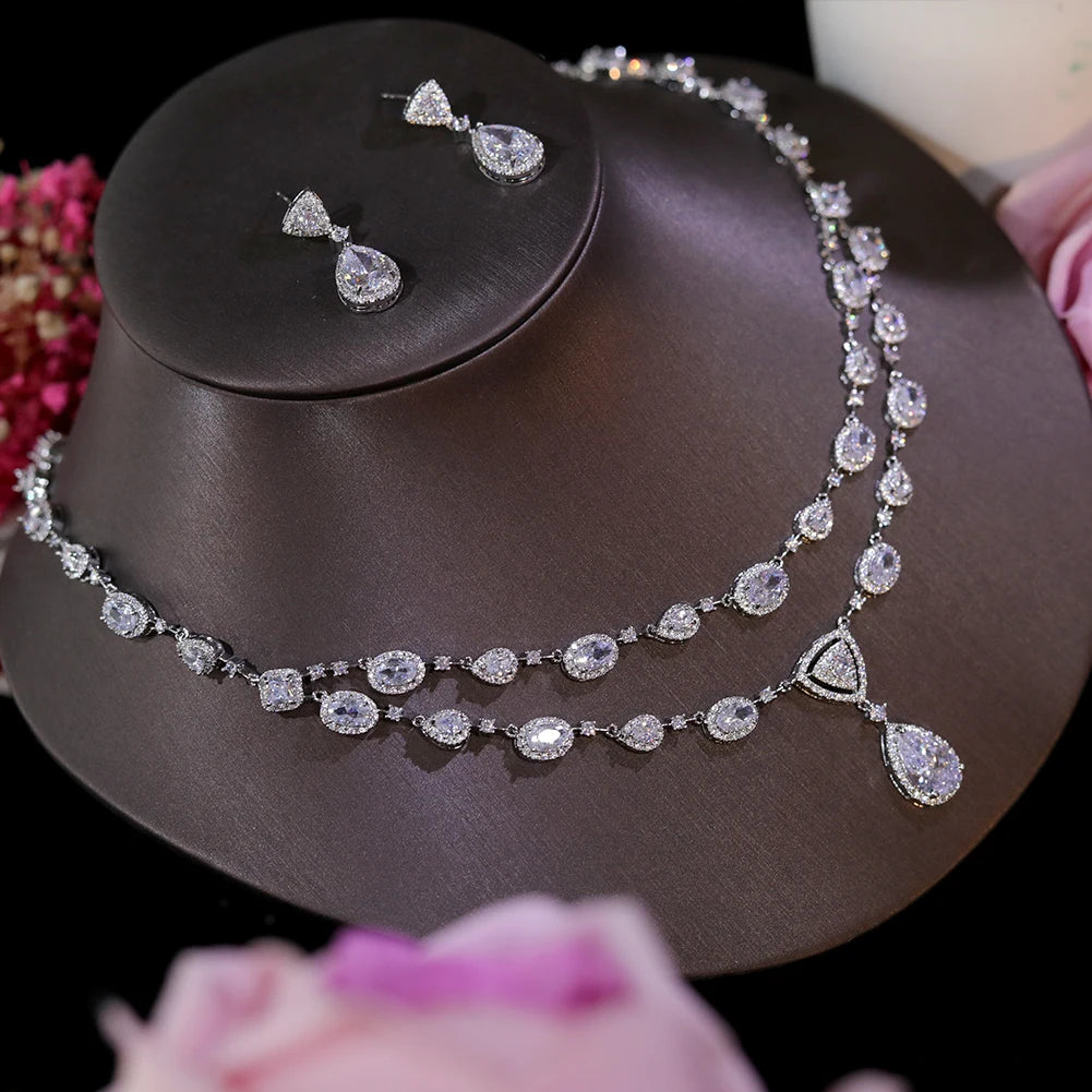 White Transparent Two-layer Water Drop 2PCS Crystal Necklace and Earring Zircon Jewelry Sets Wedding Party Bridal Accessories