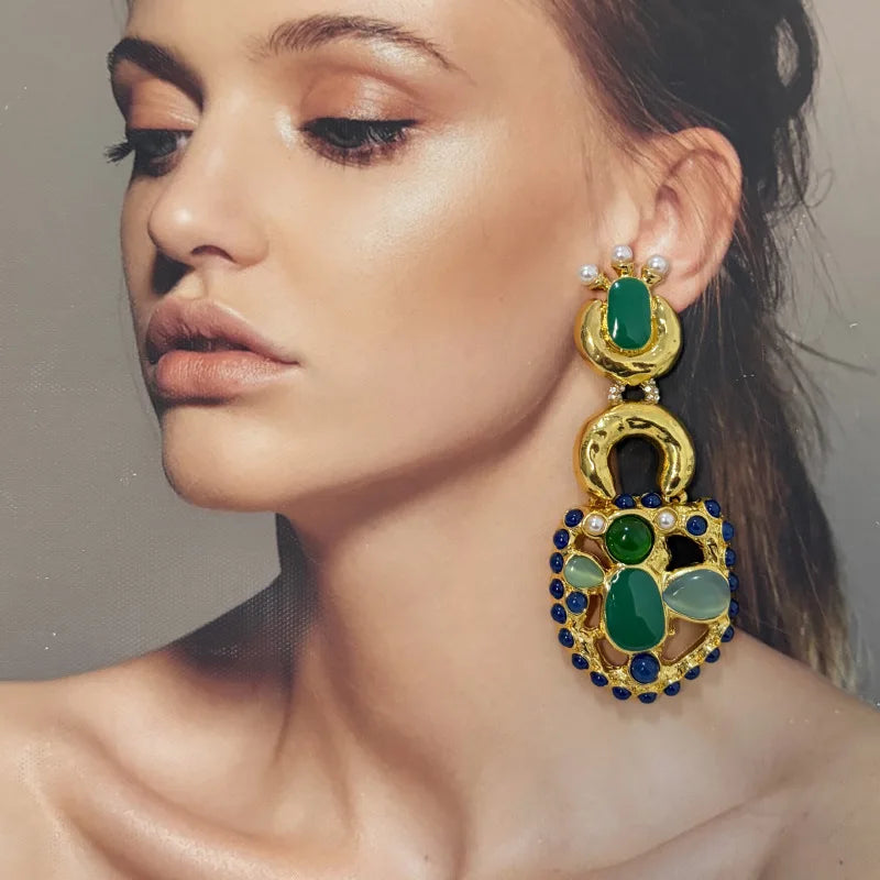 Vintage Chunky Padlock Earrings, Colorful Resin & Gemstone Inlaid Statement Earrings for Women, European Retro Luxury Jewelry