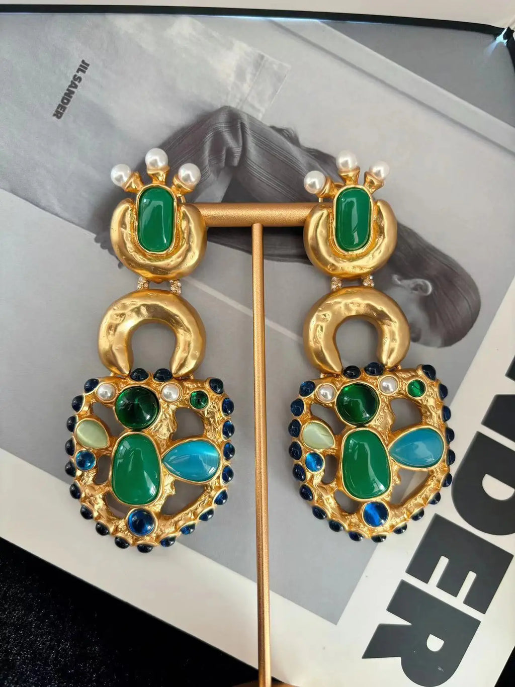 Vintage Chunky Padlock Earrings, Colorful Resin & Gemstone Inlaid Statement Earrings for Women, European Retro Luxury Jewelry